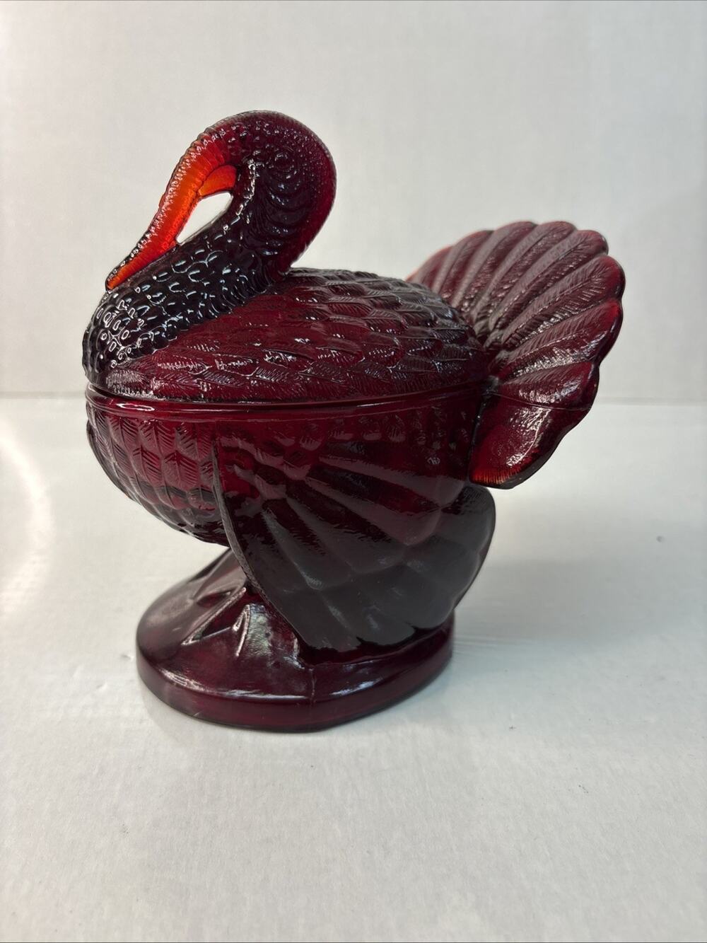 L.E. Smith Ruby Red Glass Turkey Covered Dish Candy Bowl 7” Vintage